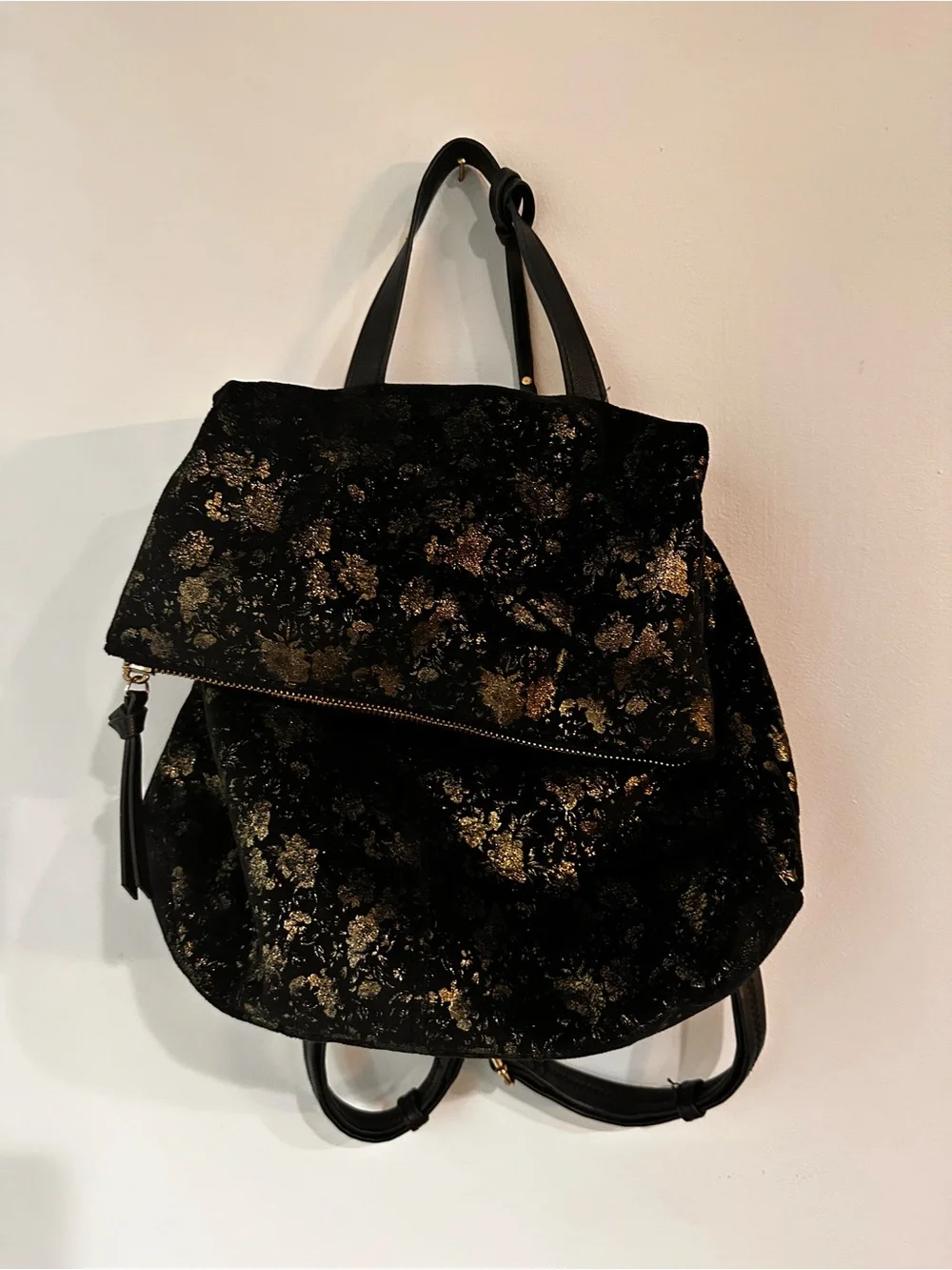 Sole Society Black Velvet Backpack with Gold Floral Accents